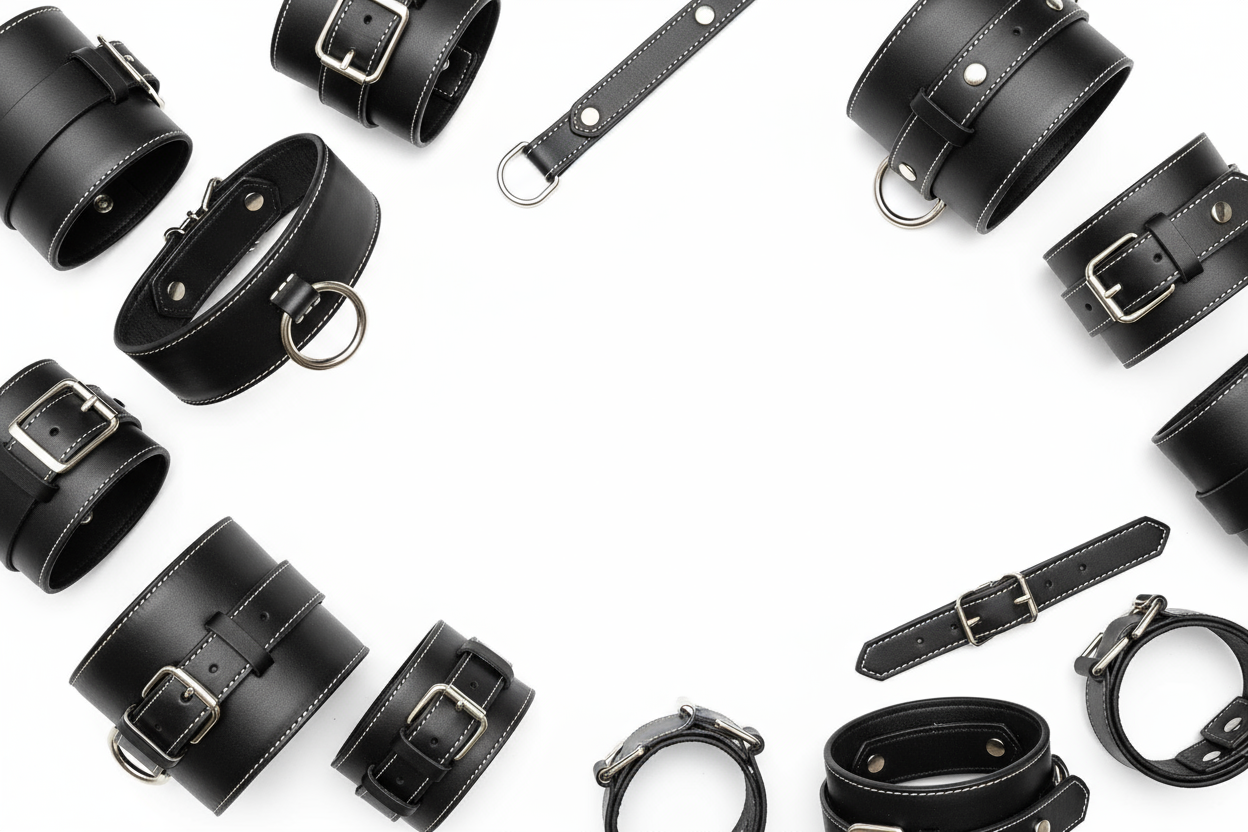 Assorted cuffs and collars scattered randomly